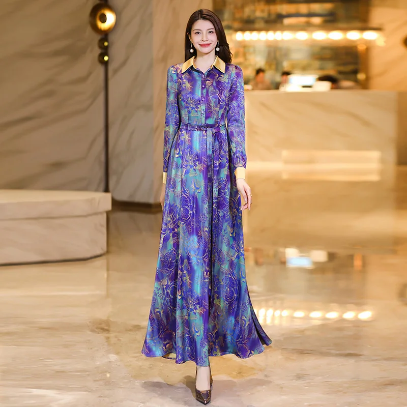 

New Women Spring Autumn Shirt Style Dress Fashion Turn-down Collar Long Sleeve Slim Print Dress Elegant Exquisite Long Dress