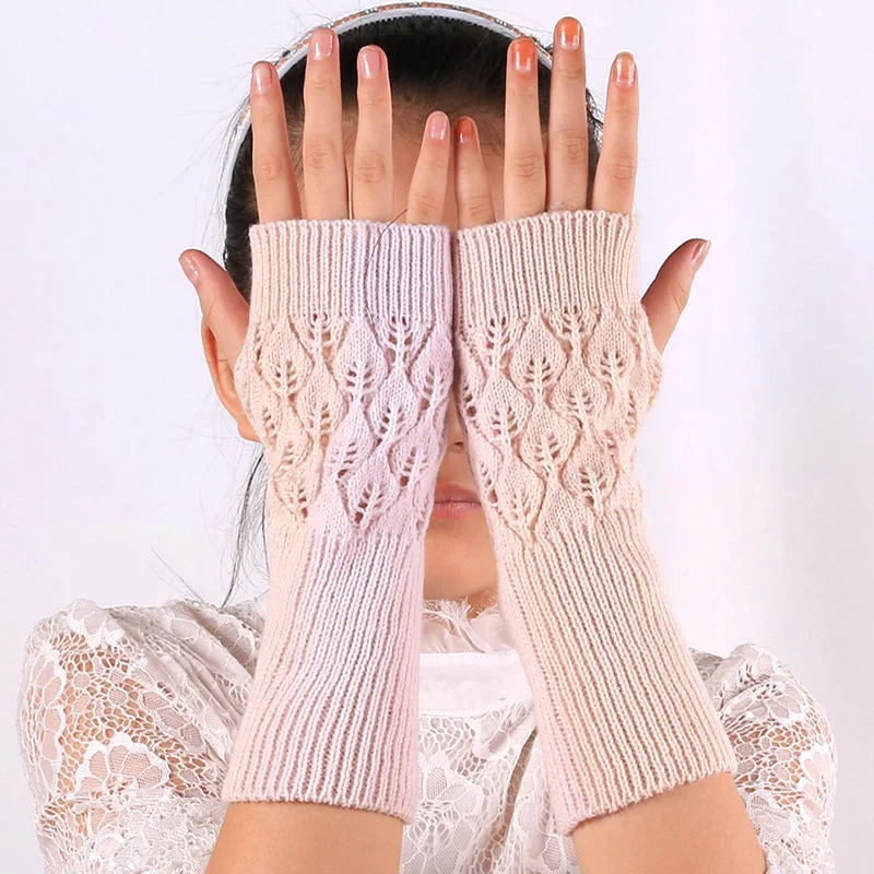 Winter Warm Fingerless Knitted Gloves For Women Acrylic Stretch Half Finger Arm Glove Crochet Knitting Faux Girls Mitten Gloves