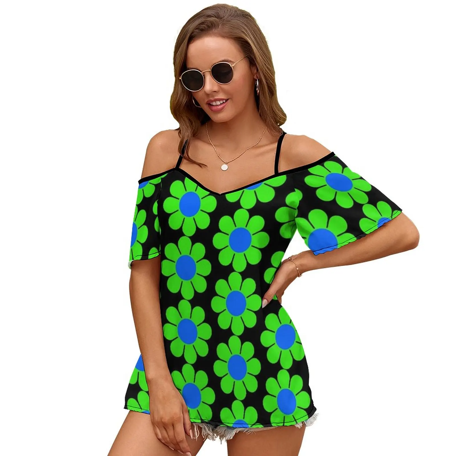 Green Blue Hippy Flower Daisy Sexy And Club Fashion Female T-Shirt Short Sleeve Off Shoulder Lady T Shirts Green Blue Hippy