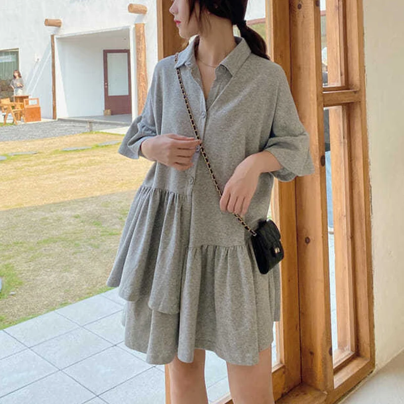 Summer Fashion Oversized Polo-neck Ruffles Loose Casual Dress Ladies Short Sleeve Solid Color Sweet Robe Women\'s Buttons Vestido