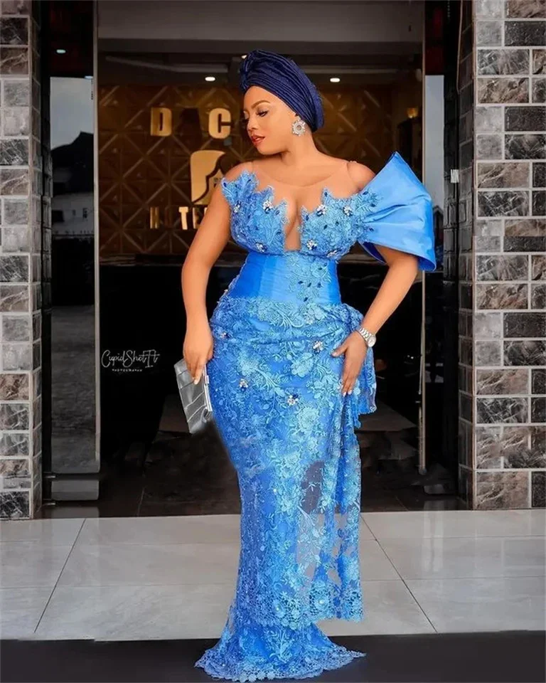 Stunning Blue Lace Nigerian Evening Dresses One Shoulder Blue Aso Ebi Style Wedding Party Dress African Formal Gown Plus Size