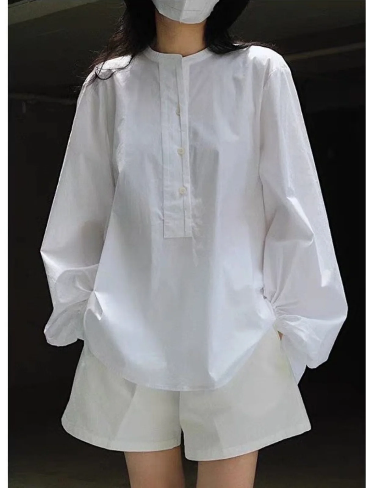 Lente 2025 Nieuwe ronde Ne Lantern Sve Puur Katoen Losse Afslanken Overhead irt Koreaanse Sle Lange Sve Button up Blouse