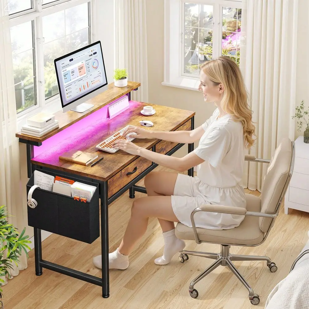 

Офисный стол 31,5 D с LED-подсветкой, эргономичной подставкой для монитора, 2 тканевыми ящиками и боковым карманом, компьютерный стол для спальни, офиса