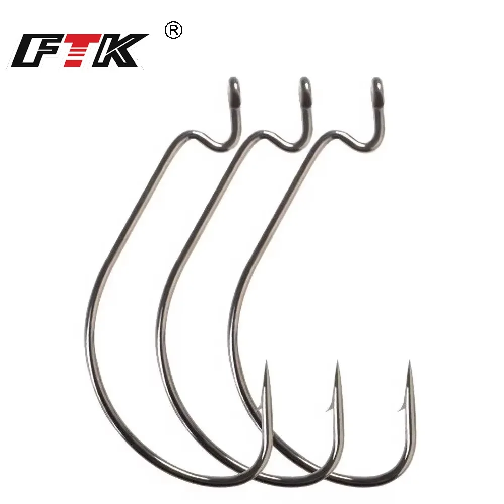 FTK 12-20PCS Offset Fishing Hooks Soft Worm Lures 5/0#-4# High Carbon Steel Ringed Crank Fishhooks Fishing Tackle