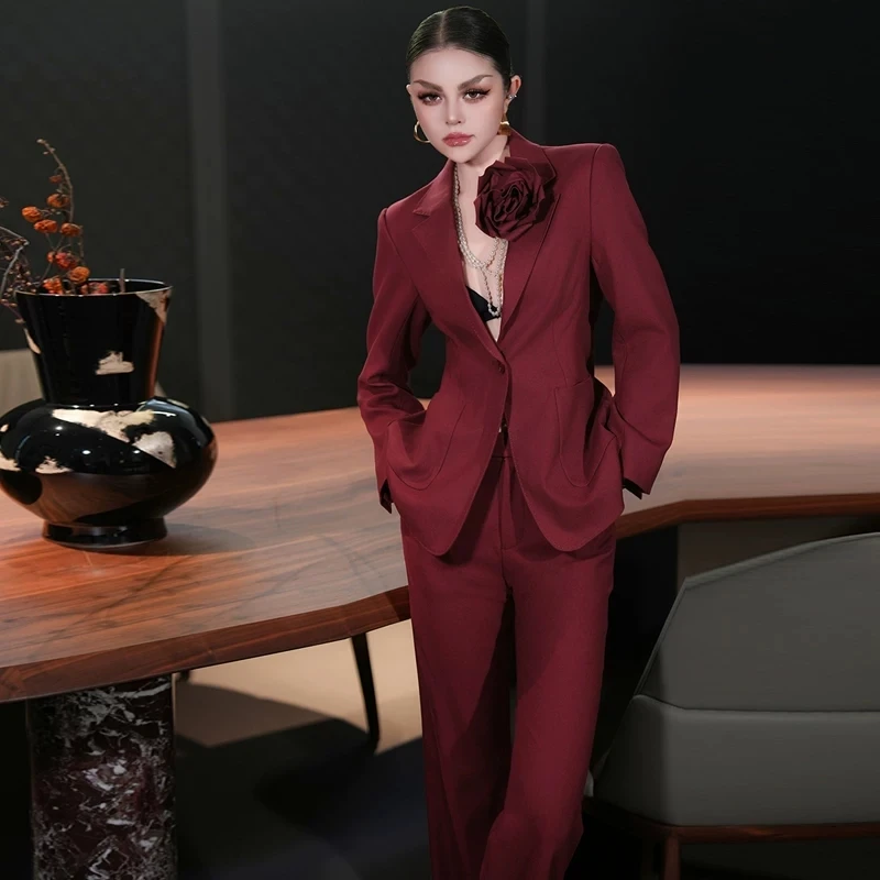 

ZJYT Office Lady Chic Formal Business Blazer Suit Trousers Two Piece Sets Elegant Spring Red Outfits for Party Pants Suit Women
