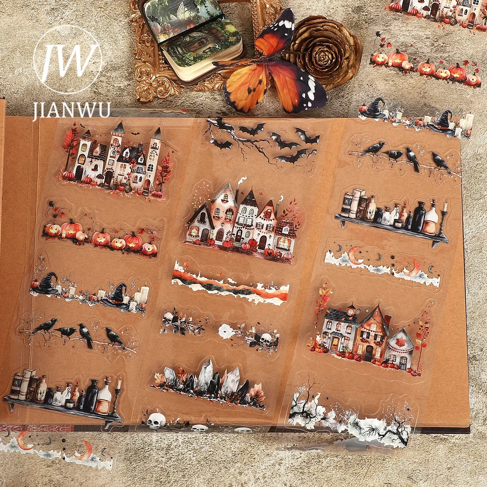 JIANWU 80mm*200cm Vintage Halloween House Pumpkin Landscape Material Collage Scrapbooking PET Tape Creative Journal Stationery