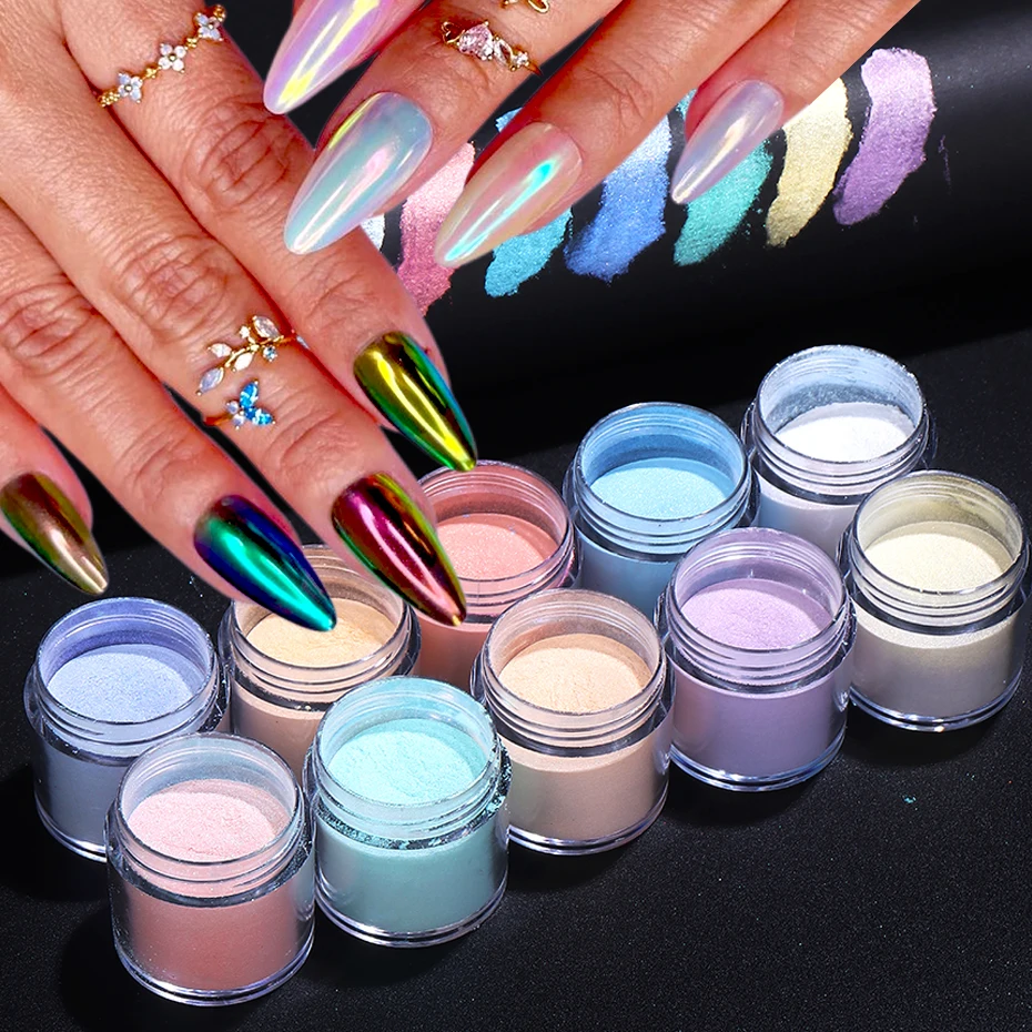 

10 Colors 10g Fairy Fine Aurora Chrome Nail Powders Glitter Pigment Mirror Iridescent Reflective Rubbing On Dust Manicure Decor