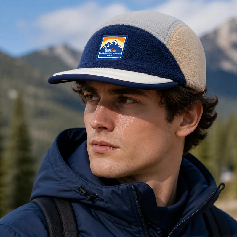 Trendy versatile men winter lambswool hat with patchwork design warm duckbill baseball cap suitable for casual outings work and