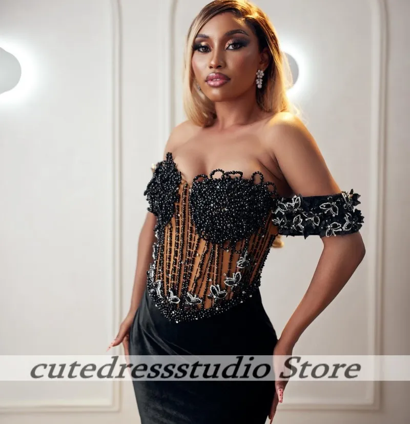 فستان مثير أسود على شكل قلب حورية البحر للحفلات الراقصة رائع قبالة الكتف برباط علوي لحفلات الزفاف المسائية 2026 مخصص