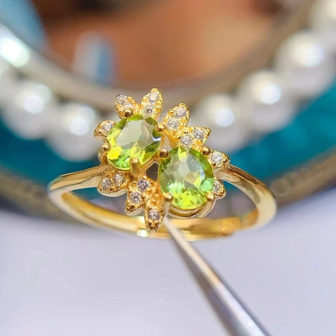 925 Silver Natural Peridot Ring Certified Fine Jewelry Gold Plated Double Oval Floral Cluster Halo Statement Gemstone Ring