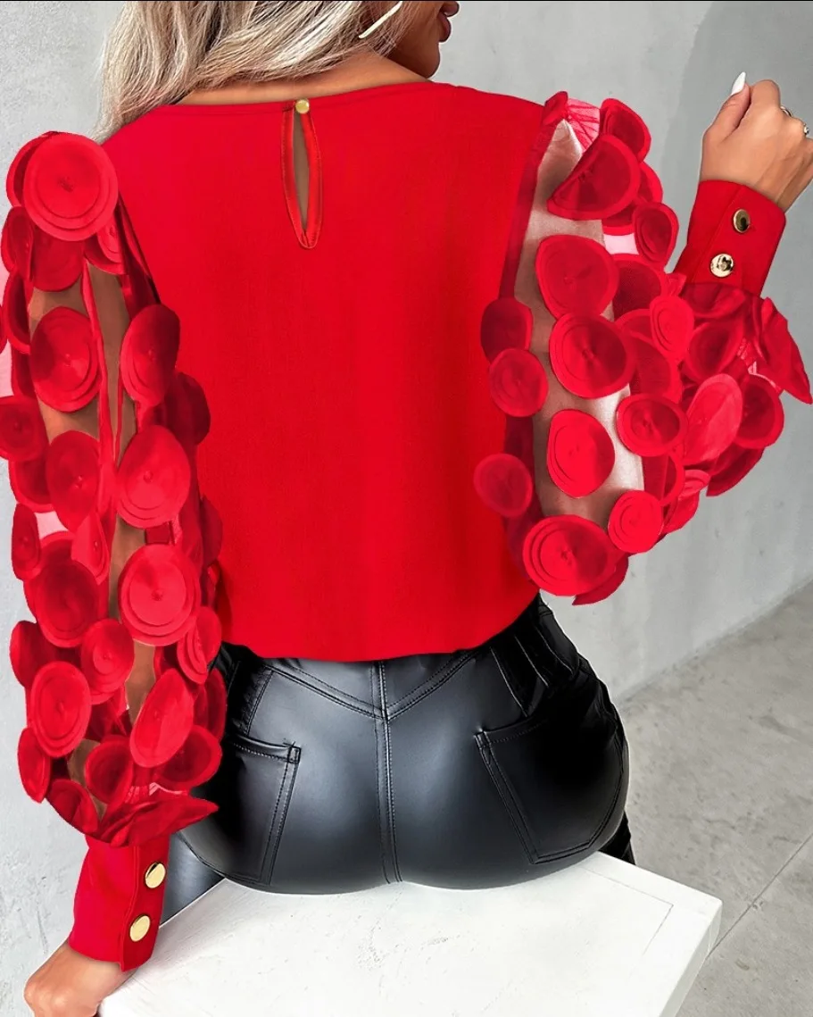 Camisa de manga larga con cuello redondo para mujer, blusa elegante con estampado rojo y botones, Top que combina con todo para oficina, otoño