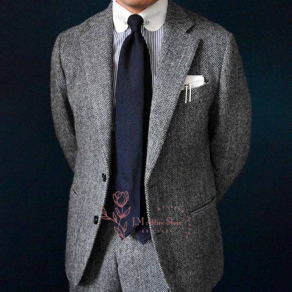 

Men's Grey Tweed Vintage Herringbone 2 Piece Suit Jacket Pants Prmium Attire For Wedding Prom Dinner Party Custom Tuxedo