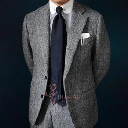 Men's Grey Tweed Vintage Herringbone 2 Piece Suit Jacket Pants Prmium Attire For Wedding Prom Dinner Party Custom Tuxedo