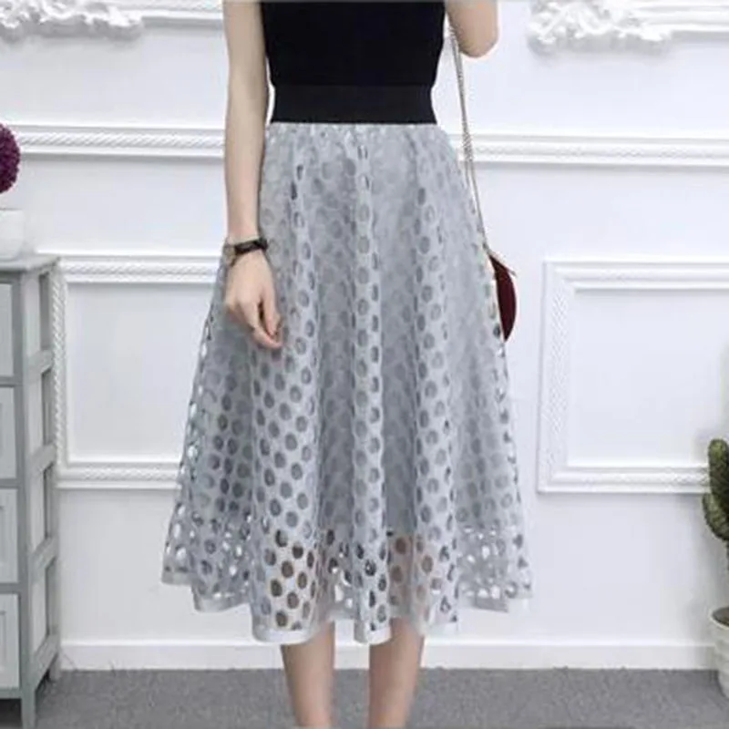 2024 New Big Size Woman Skirts Gray Elastic Waist Ball Gown Mesh Maxi Skirt Gray Black Elegant Ladies Long Skirts faldas para