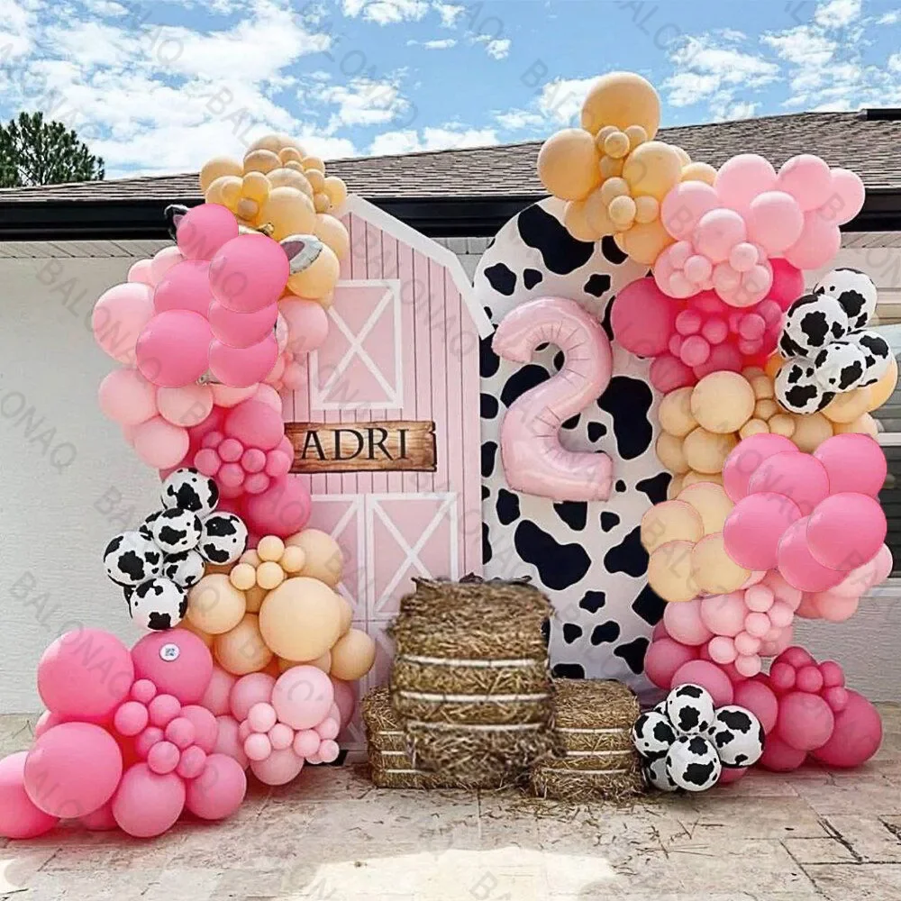 117-teiliges Kuh-Ballon-Ketten-Set, rosa Mädchen, Geburtstag, Bauernhof, Ranch-Thema, Ballonbogen, Dekoration, westlicher Cowgirl-Stil