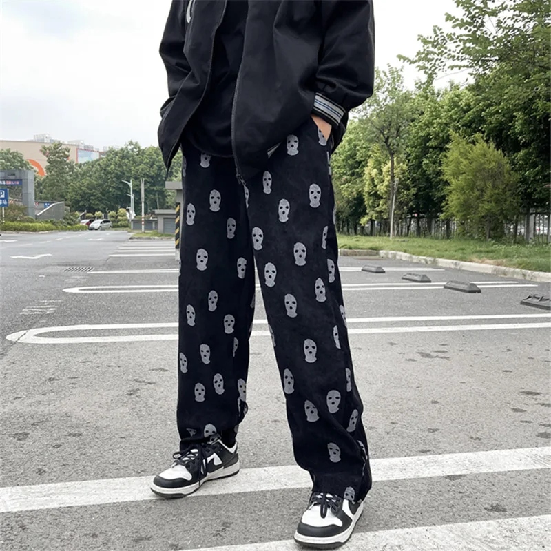 Skull Full Print Drawstring Casual Corduroy Mens Black Baggy Cargo Pants Hip Hop Straight Sweatpants Men Trousers Pantalon Homme