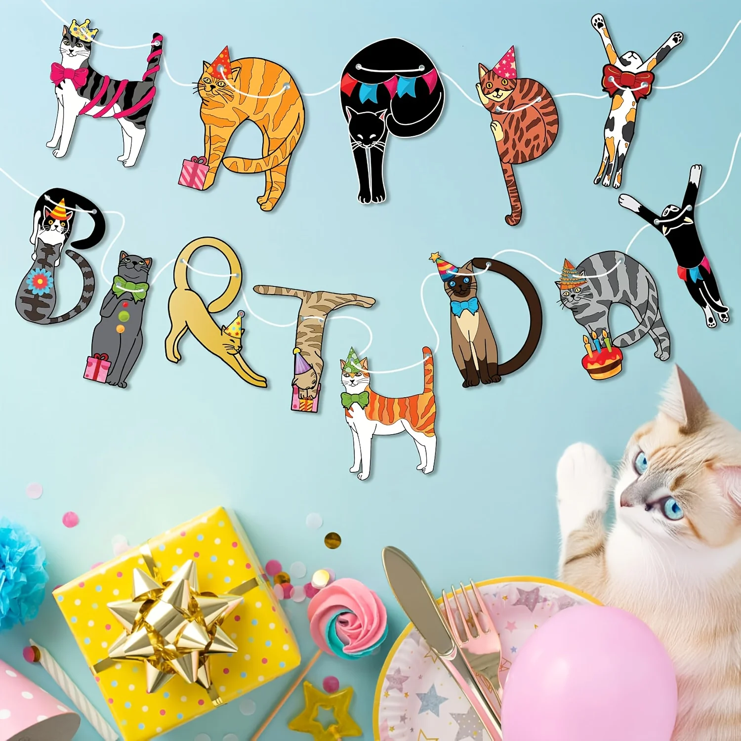Geburtstagsparty-Banner, niedliche Katzendekorationen mit Happy Birthday-Aufdruck, einfach zu hängendes Banner für Mädchen und Jungen, Geburtstagsparty-Dekorationen. – Detail 7