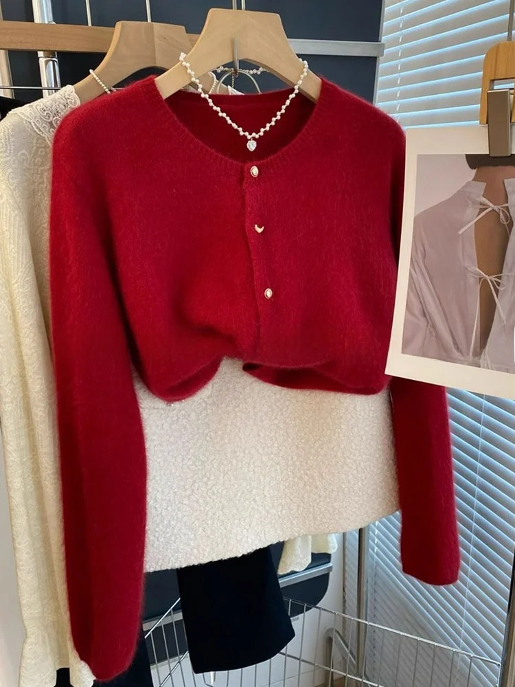 

Cisas Aosphere Новогодний красный вязаный открытый кардиган Мягкий удобный уникальный женский свитер Специальная верхняя одежда Корейский Sl...