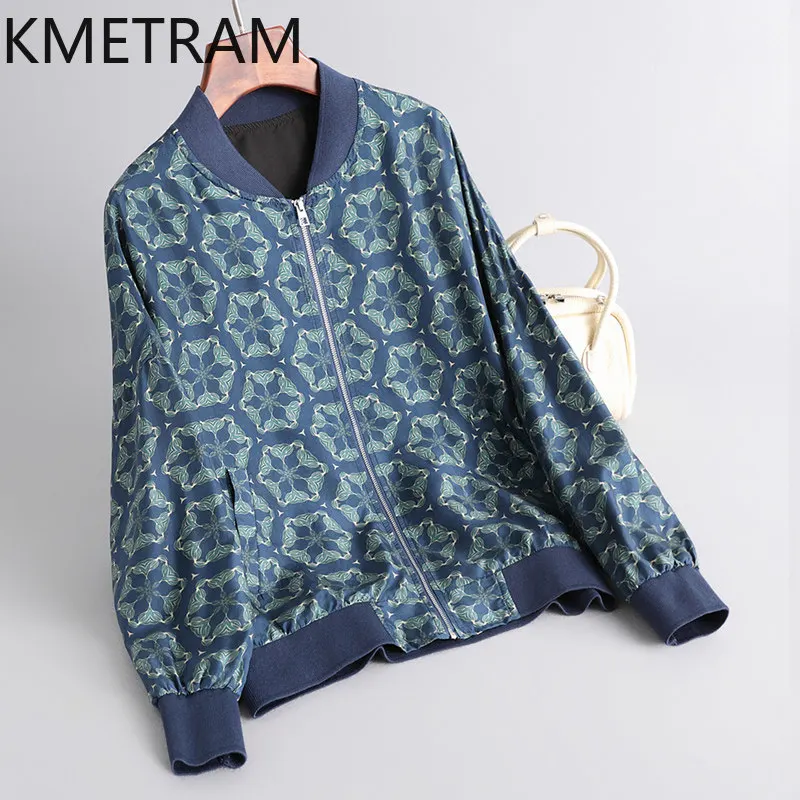 KMETRAM 100% Real Mulberry Silk Tops for Women 2026 Autumn Casual Round-neck Zipper Long-sleeve Jacket Woman Clothing Ropa Mujer