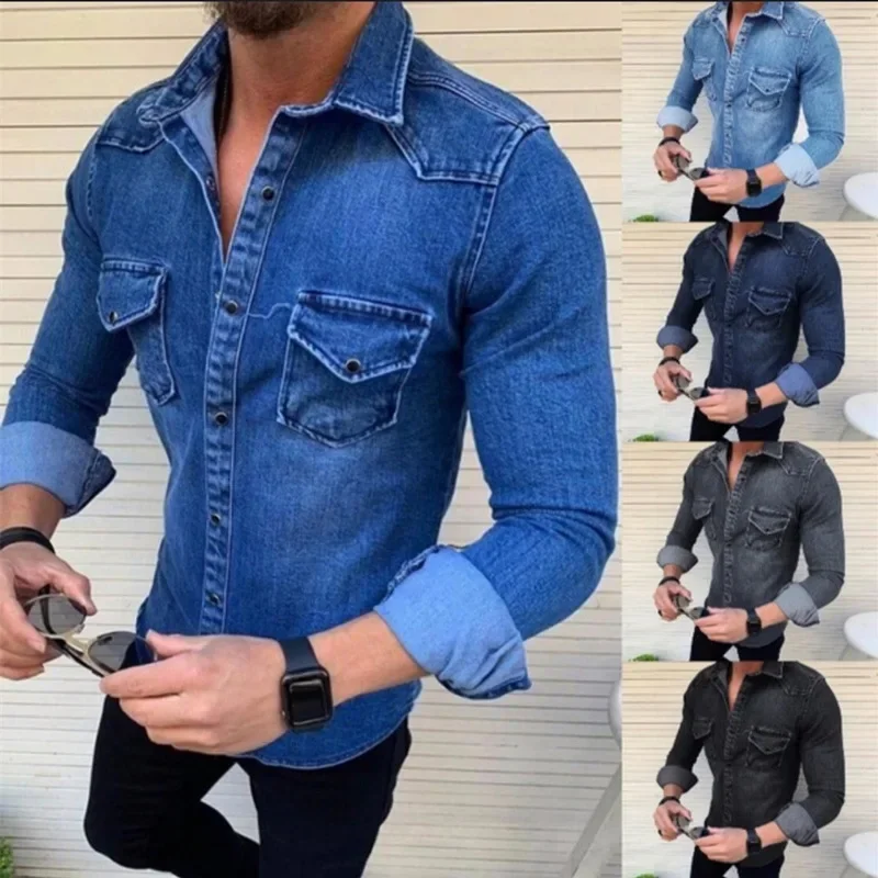 

2023 Autumn/Winter New Solid Slim Fit Men's Denim Shirt Polo Neck Jacket