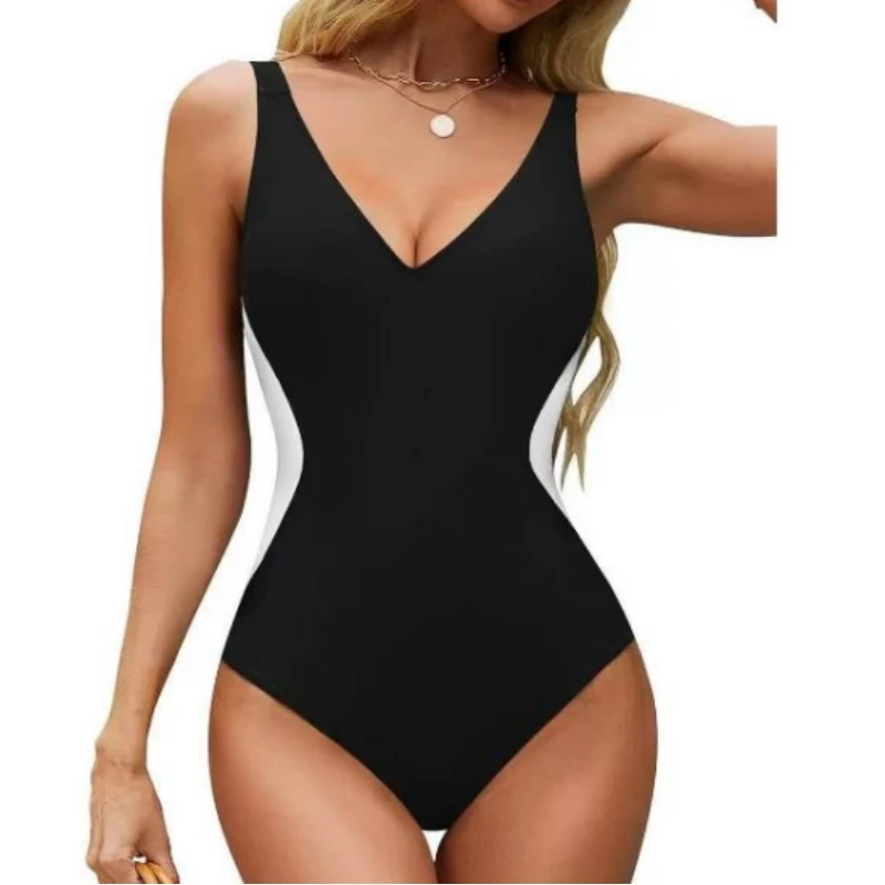 

Yiiciovy Contrast Color Swimsuit for Women Stylish Bathing Suit Tummy Control Tie Back Sleeveless V Neck Monokini Swimwear