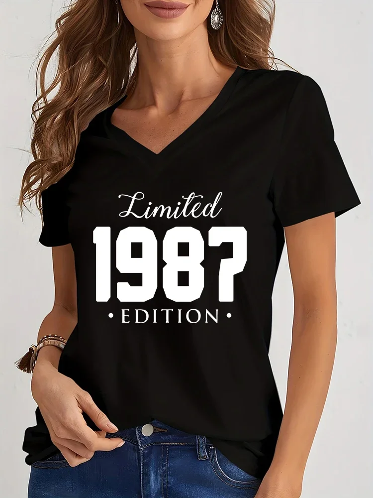 Women V Neck Tshirt Limited 1984/1985 Edition Graphic Tee Shirt