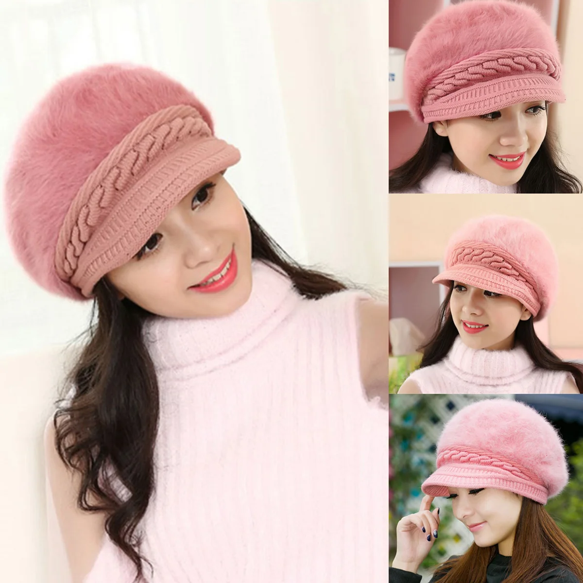 

Rabbit Hair Cap Hat Knitted Beautiful Winter Cap Warm Knitted Hat Woman
