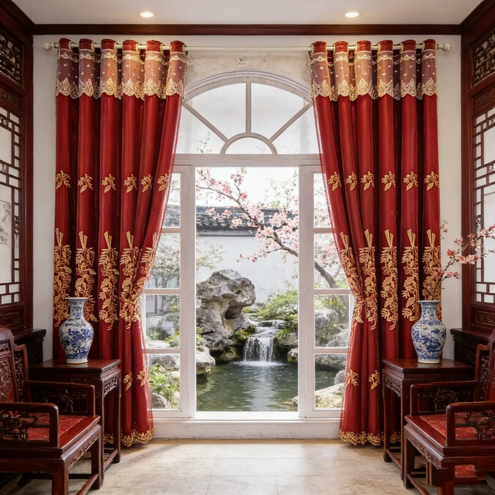 

Elegant Red & Gold Embroidered Window Curtain with Sheer Lace Panel, Vintage Floral Home Decor for Living Room Bedroom