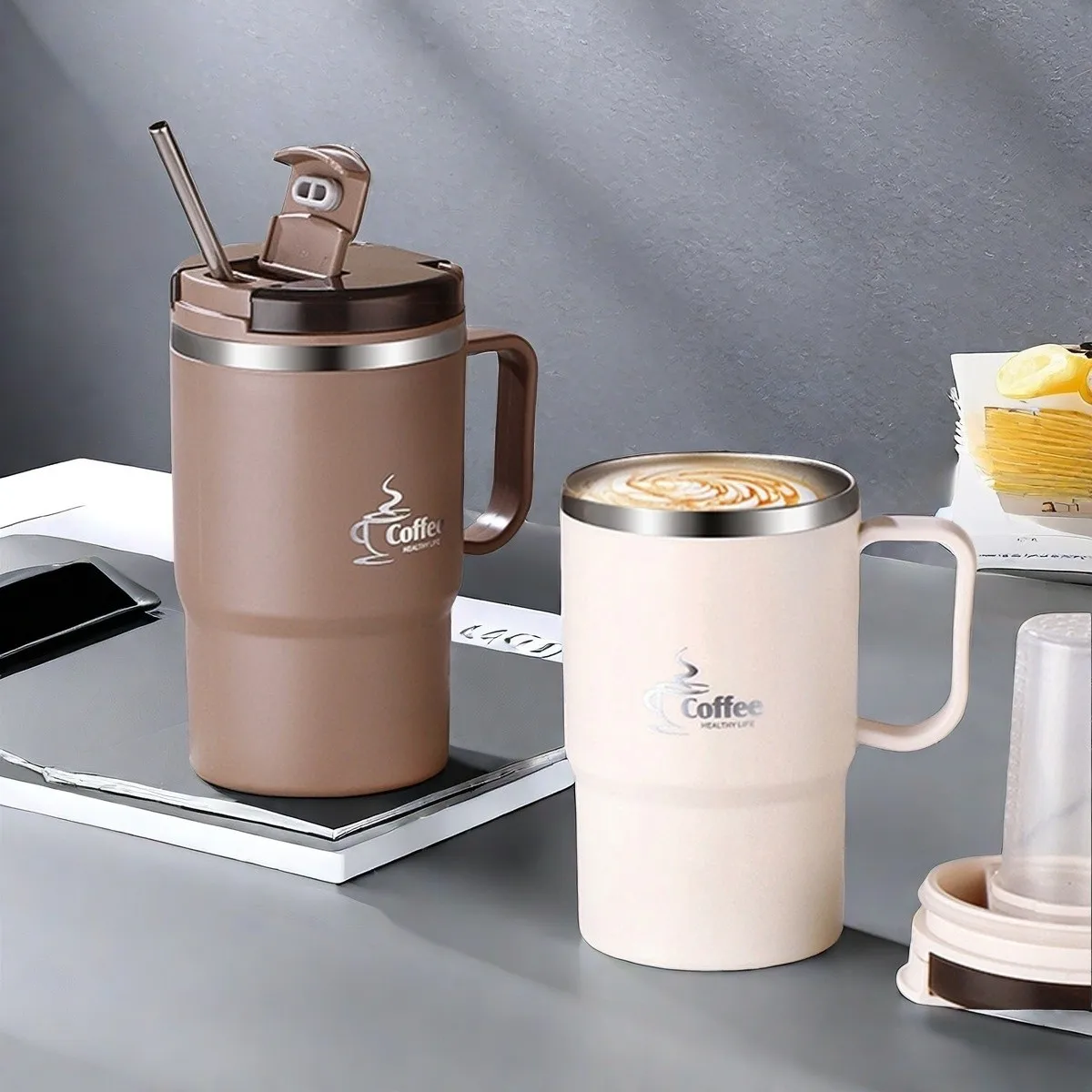 304 Stainless Steel Coffee Mug With Strainer&Spoon Portable Double Layer Insulated Thermal Cup Reusable Drinkware For Student