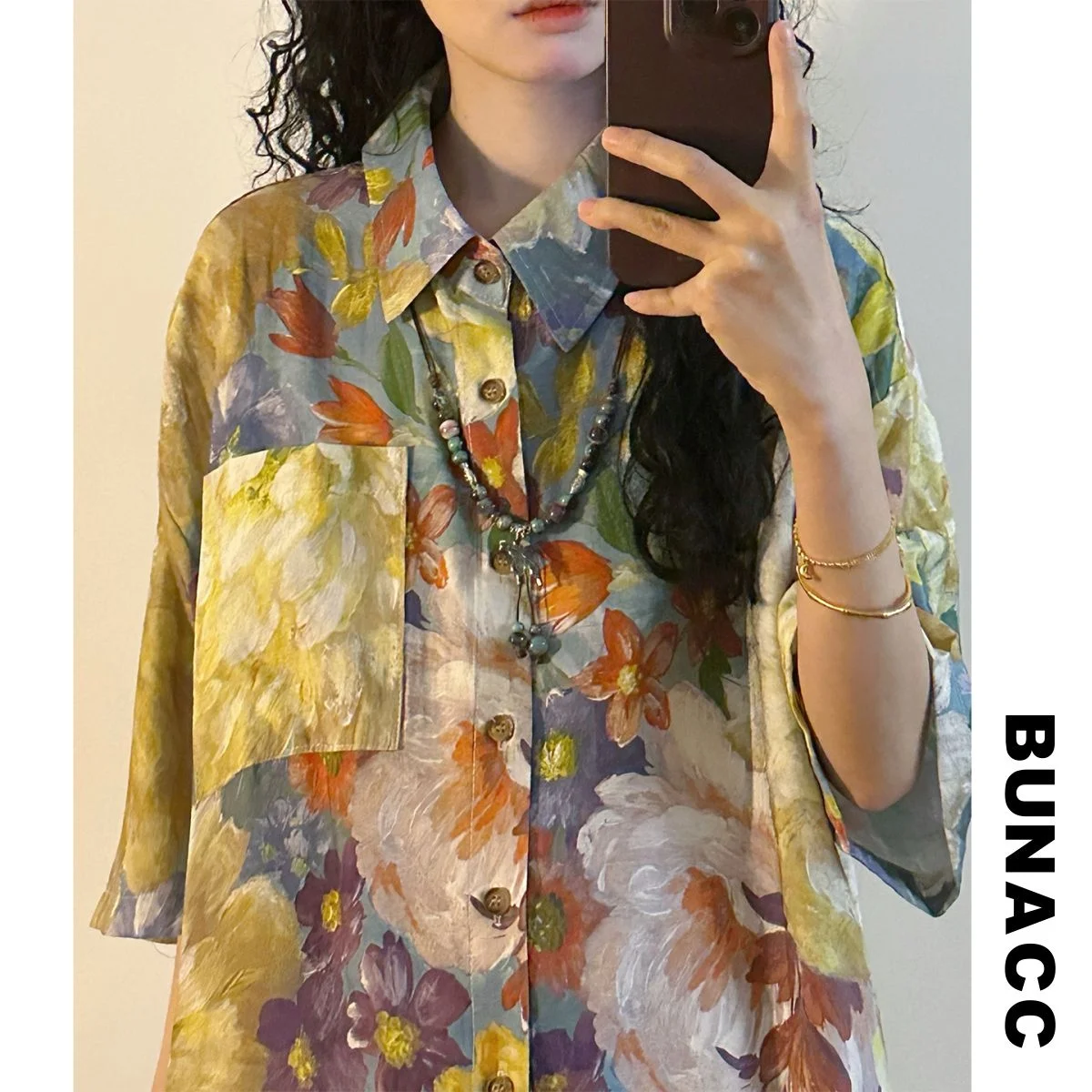 

Summer American Retro Hong Kong Style Oil Painting Print Short Sleeve Loose Shirt Unisex Street Fashion Casual Neck Shirt