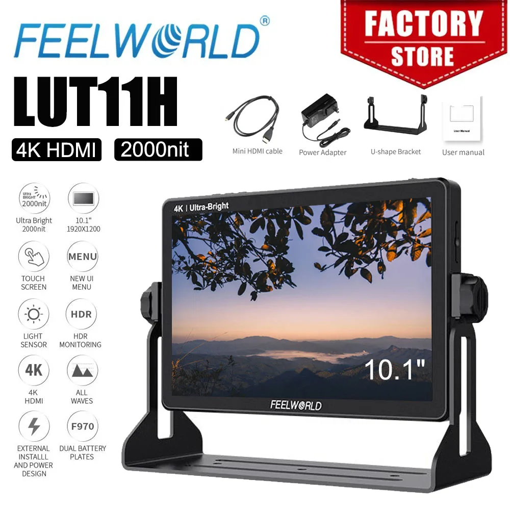 

FEELWORLD 10.1 Inch Monitor LUT11H 2000nit Ultra Bright DSLR Camera Field Monitor Touch Screen Full HD IPS 4K HDMI