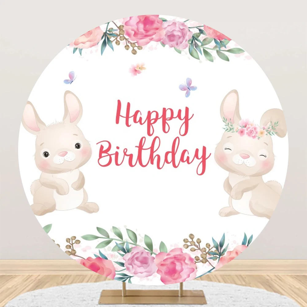 Round Photography Background Sweet Deer Pink Floral Girls 1st Birthday Party Decoration Watercolor Animal Photo Backdrop Booth