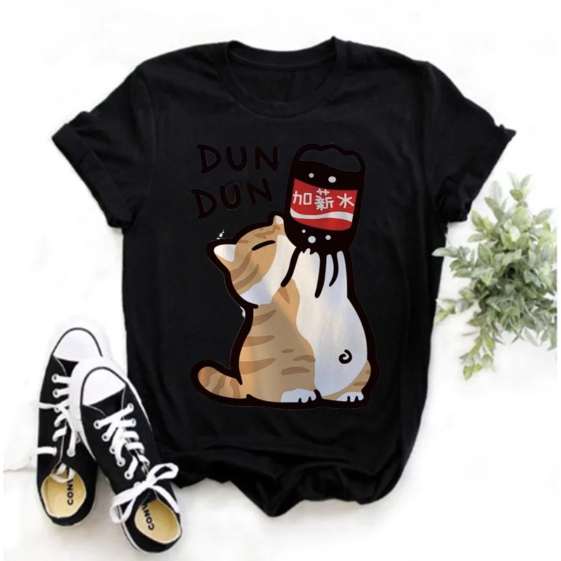 Female Cartoon Kitten Printed T-shirt, Casual Short Sleeved Top, Loose Design, Retro Trend, Harajuku, Summer