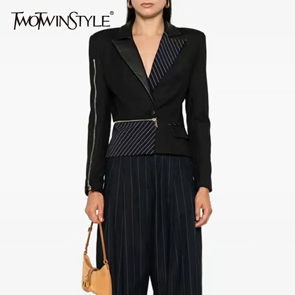 

Женская укороченная куртка TWOTWINSTYLE с контрастными вставками и полосками, с отложным воротником, длинными рукавами, на молнии, в стиле пэчворк, новинка