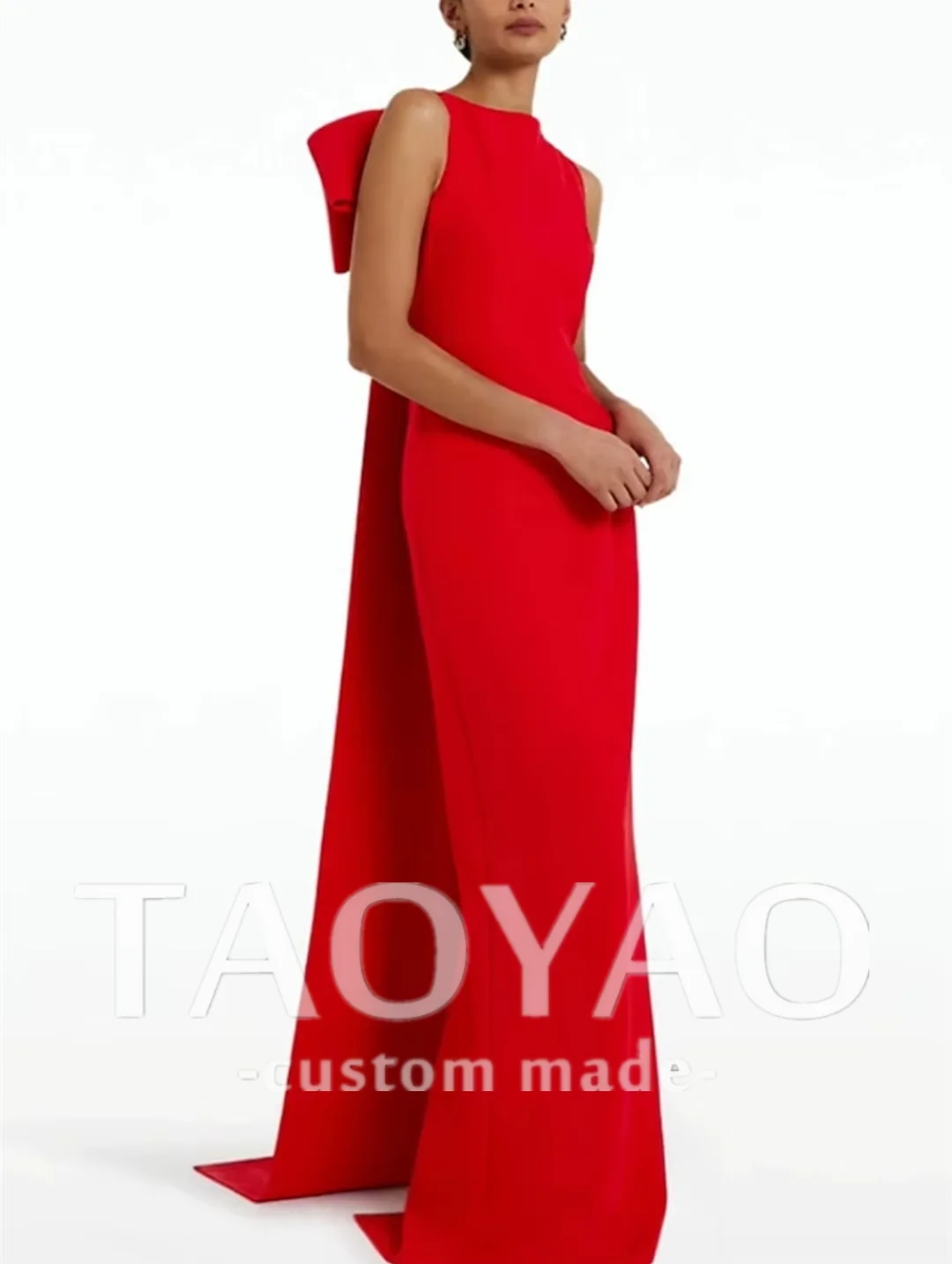 

Customized Mermaid Red Satin Crepe Evening Dresses with Bow O-Neck Floor Length Abendkleid Sleeveless Robes de Soirée for Women