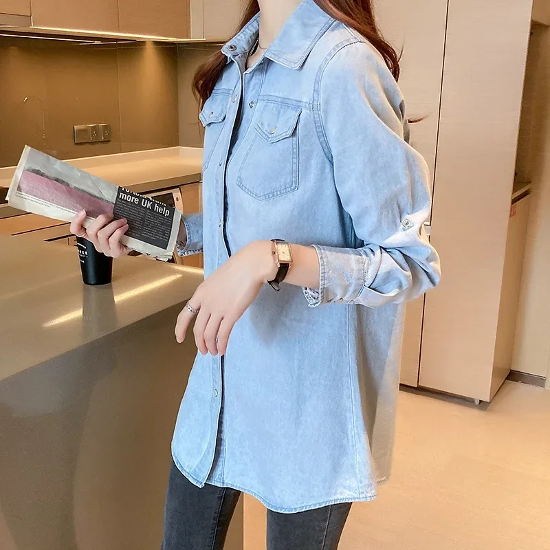 Spring New 2024 Vintage Denim Button Up Shirt Coat Korean Long Sleeve Top Women Jacket  Loose Casual Blouse Women 11968