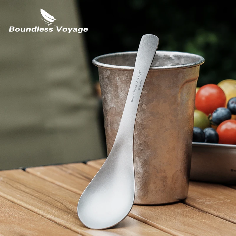 Boundless Voyage Titanium Spoon with Carry Bag Outdoor Flatware Cooking Utensils  for Camping Travel Home Ti1067T
