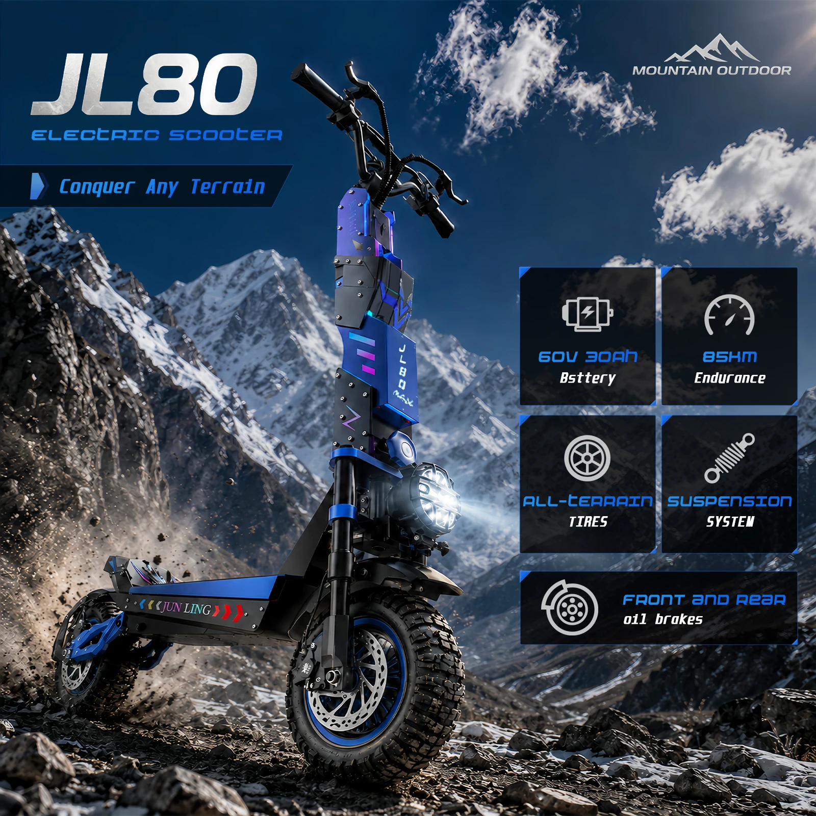 JL80 Off-Road Electric Scooter 6000W Dual Motor 60V30Ah Battery 40Mph Max Speed 52Mile Long Range 12‘’All-Terrain Tire Front & Rear Hydraulic Disc Brakes E-Scooter