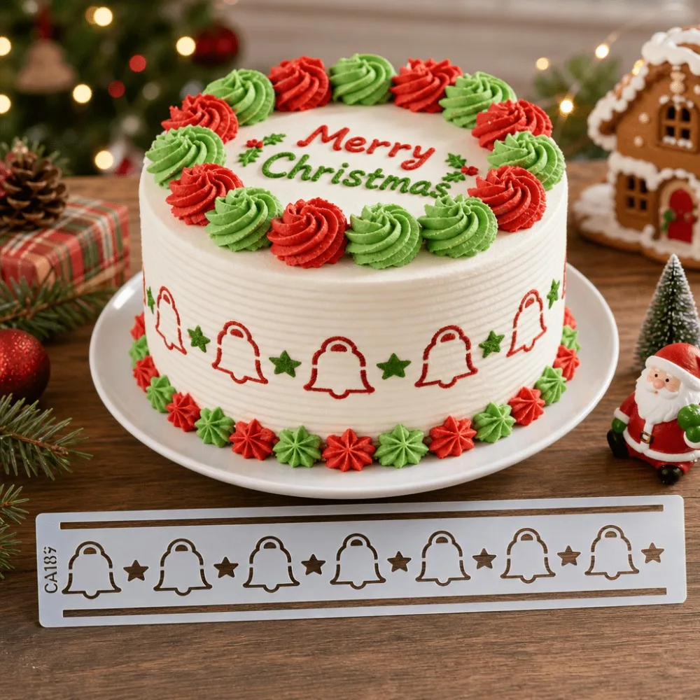 5Pcs Christmas Border Spray Stencil, PET Cake Decor Stencil Xmas Tree Bell Star Template for Cookie Fondant Baking