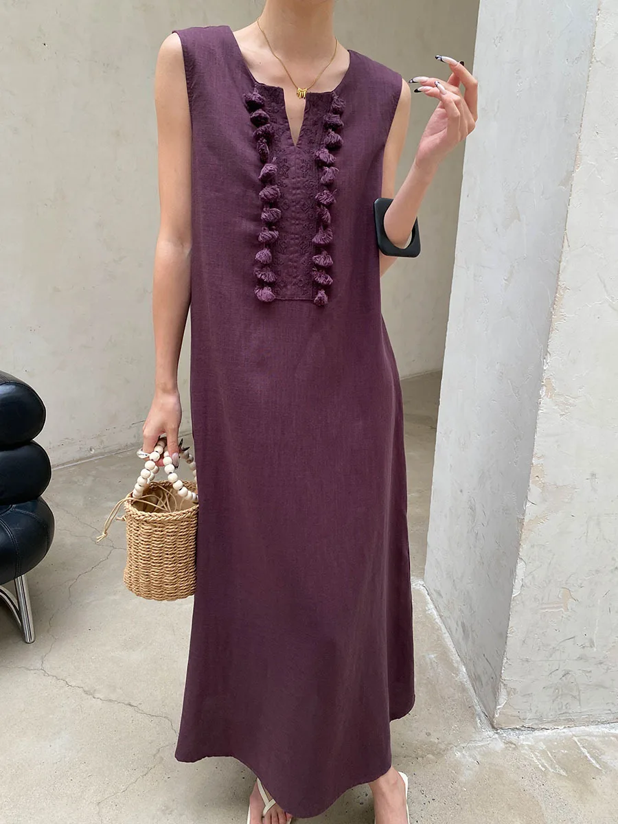 Sommerliches, lässiges, einfarbiges, ärmelloses Westenkleid für Damen mit V-Ausschnitt, Stickerei und Quasten – Detail 11