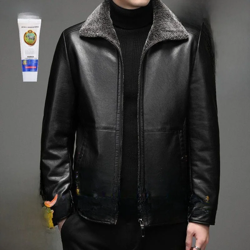 

Men's Genuine Leather Jaet Thiened Floing Collar Inteated Fur Coat Autumn Winter Warm Casual Busin ort Sle