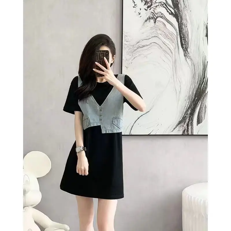 High-End-Ele Denim Patchwork Dr Damen A-Linie Sommer Abnehmen Hohe Taille Polyesterfaser Mid-Slee Hoher Kragen