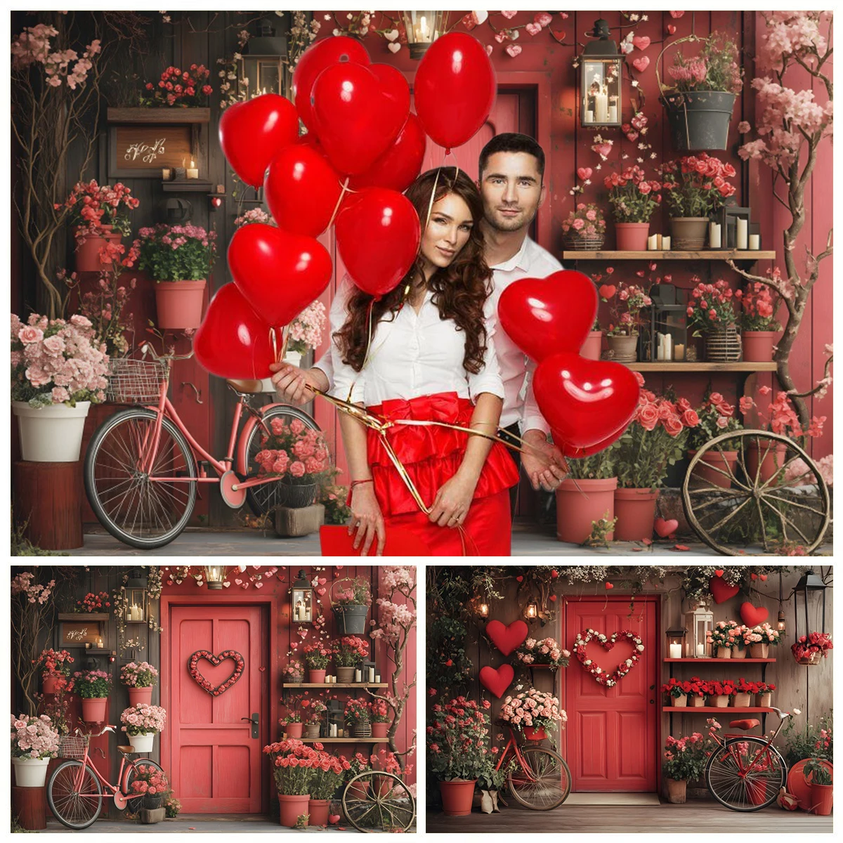 Romatic Valentine's Day Backdrop Red Wooded Door Rose Flower Love Heart Wedding Party Couple Portrait Photography Background