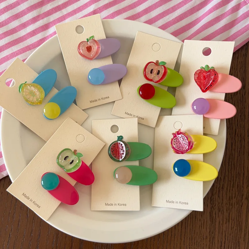 Kids Hair Clips 2 Pack Jelly Color Oval Fruit Pattern Non Slip Resin Duckbill Barrettes for Side Bangs Everyday Styling