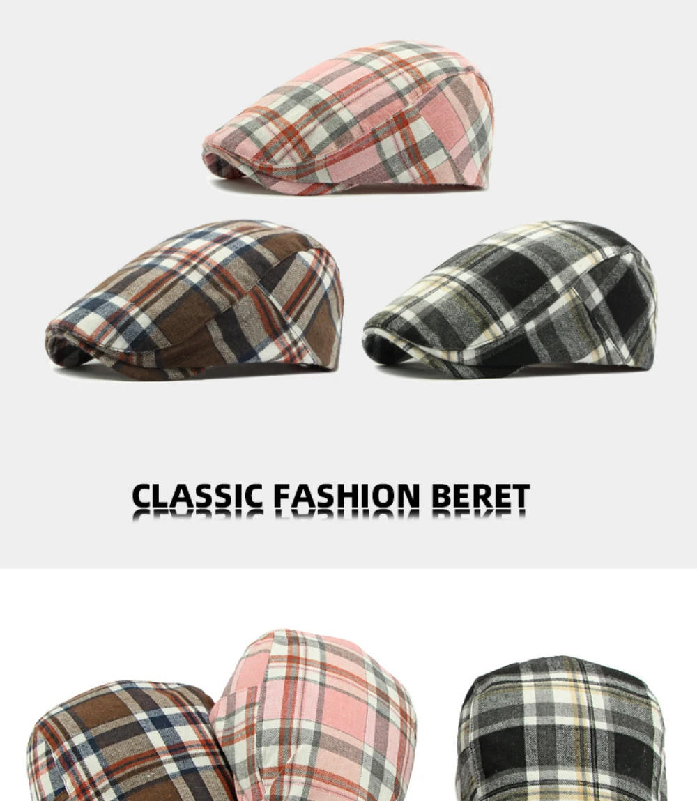 HT4697 Baskenmützen Frühling Herbst Herren Damen Kappen Vintage Künstler Maler Karierte Baskenmütze Männlich Weiblich Ivy Flatcap Verstellbare Baskenmützen – Detail 1