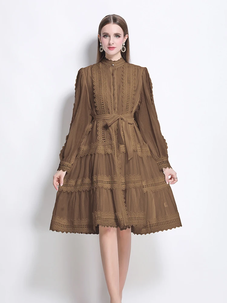 Luksusowa damska sukienka koszulowa z koronkowymi wstawkami i szarfami Elegancka biała sukienka midi z długim rękawem 2025 New Beach Ladies INKEO 5D159