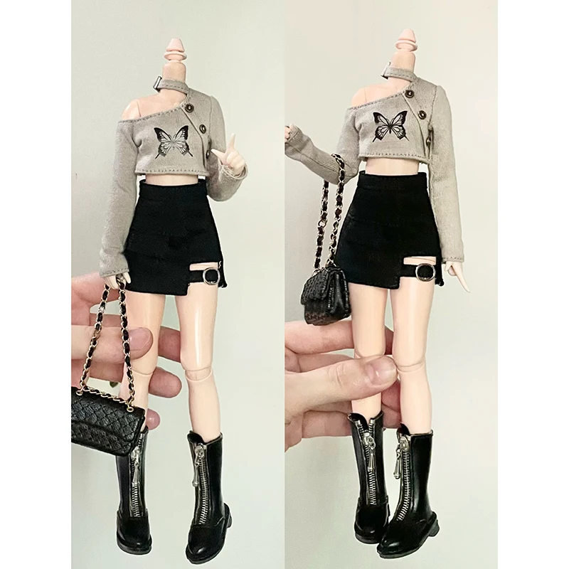 DLBell Blythe Doll Clothes Fashion Off Shoulder Butterfly Top Mini Short Skirt High Boots for Blyth OB24 Pullip Dolls Streetwear