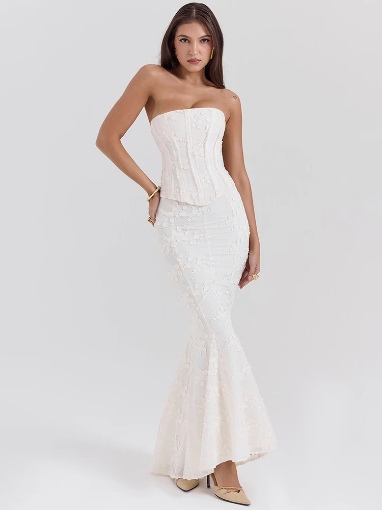 

Mozision Strapless Sexy Two Piece Set Women White Off-shoulder Lace-up Crop Tops And Maxi Skirt Matching Sets Female Dress Set