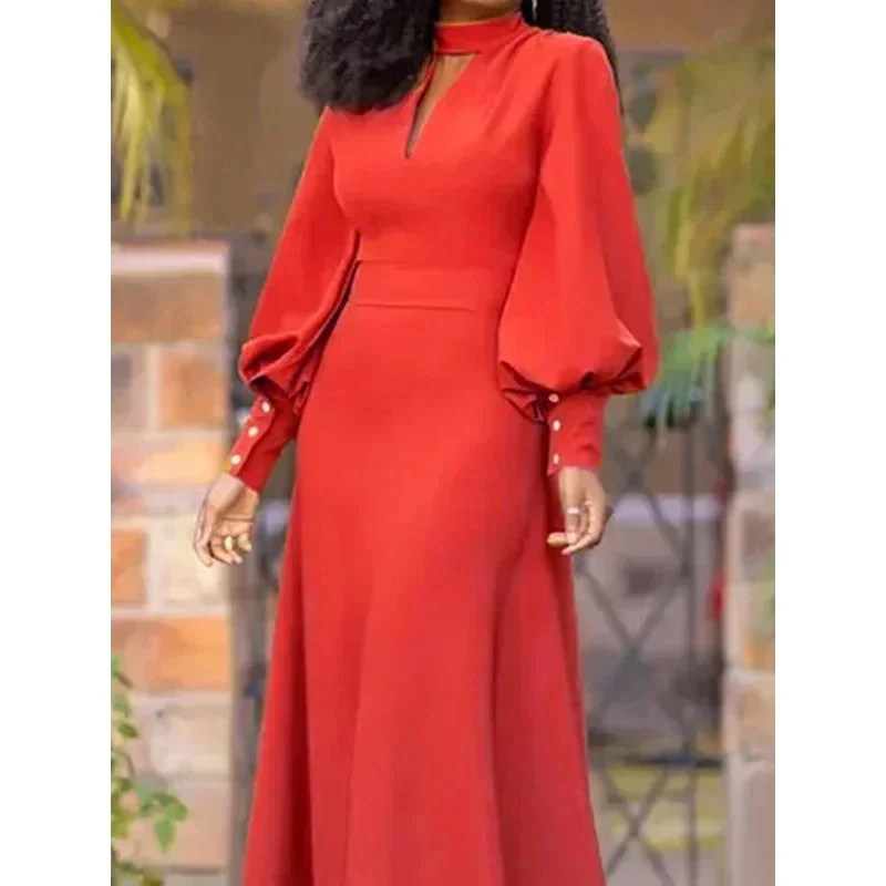 Modigirl Birthday Christmas Red Dress Women Fall Spring Hollow Buttoned Elegant Wedding Evening Long Sleeve Dresses for Feamle