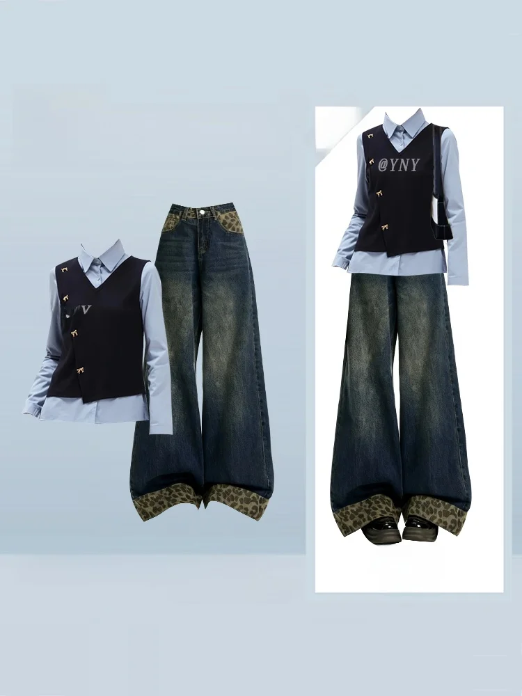 Kleur Blo gebreide trui set plus maat herfst winter dames Faion hoge taille wijde pijpen jeans tweedelige set ensemble